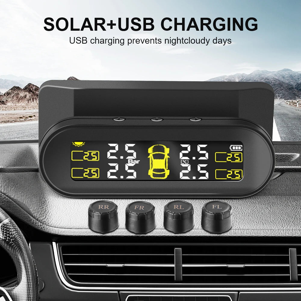 Tyre Pressure Alarm Tire Pressure Monitoring System USB Solar TPMS Rotating Holder Car Tyre Pressure Monitor 4 External Sensors