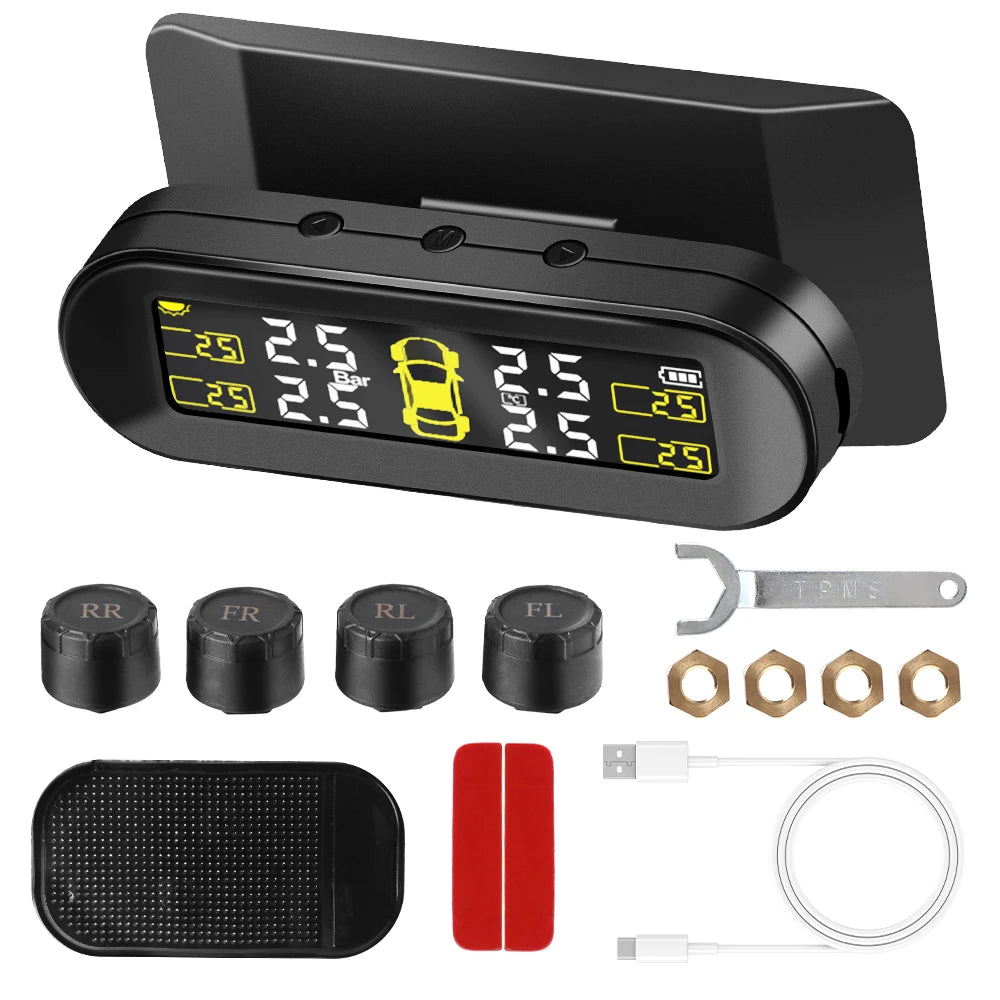 Tyre Pressure Alarm Tire Pressure Monitoring System USB Solar TPMS Rotating Holder Car Tyre Pressure Monitor 4 External Sensors