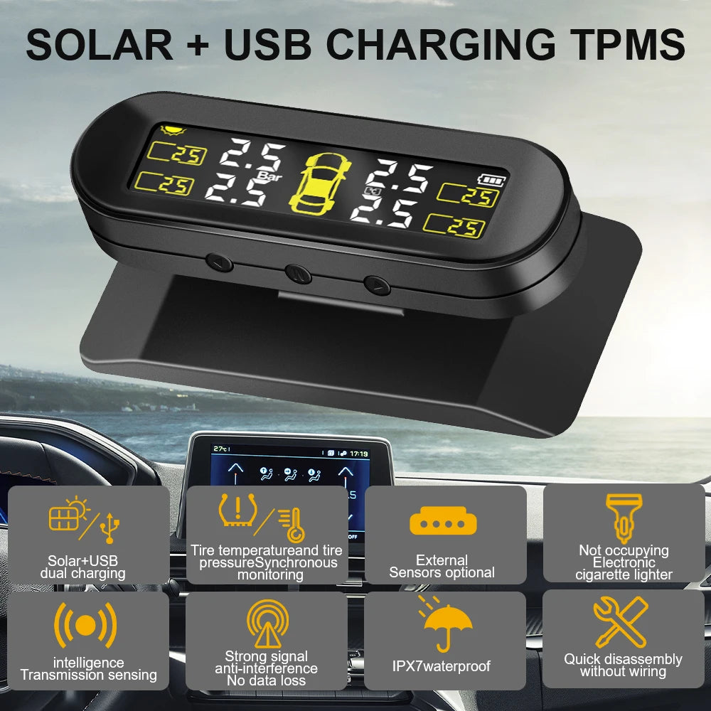 Tyre Pressure Alarm Tire Pressure Monitoring System USB Solar TPMS Rotating Holder Car Tyre Pressure Monitor 4 External Sensors