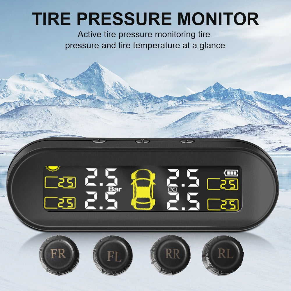 Tyre Pressure Alarm Tire Pressure Monitoring System USB Solar TPMS Rotating Holder Car Tyre Pressure Monitor 4 External Sensors