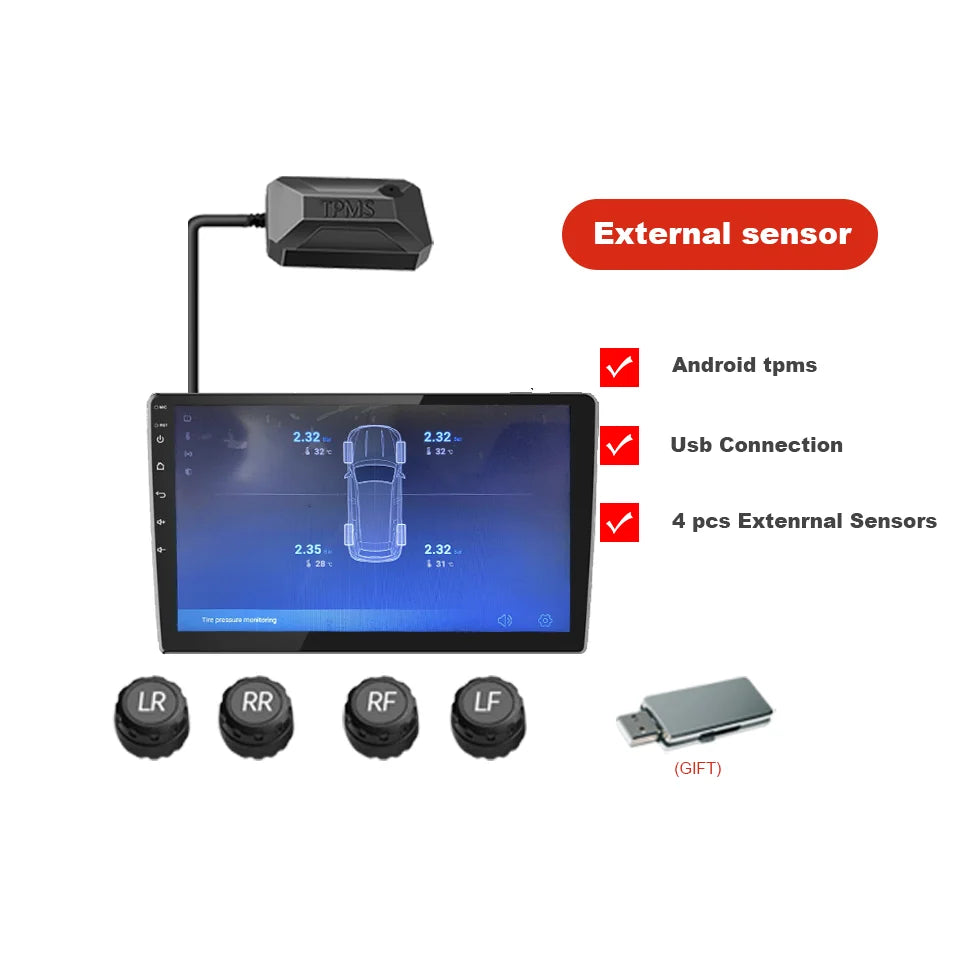Tire Pressure Monitoring System Real-time Monitoring of Tire Temperature Tire Pressure USB Plug Tire Safety Alarm