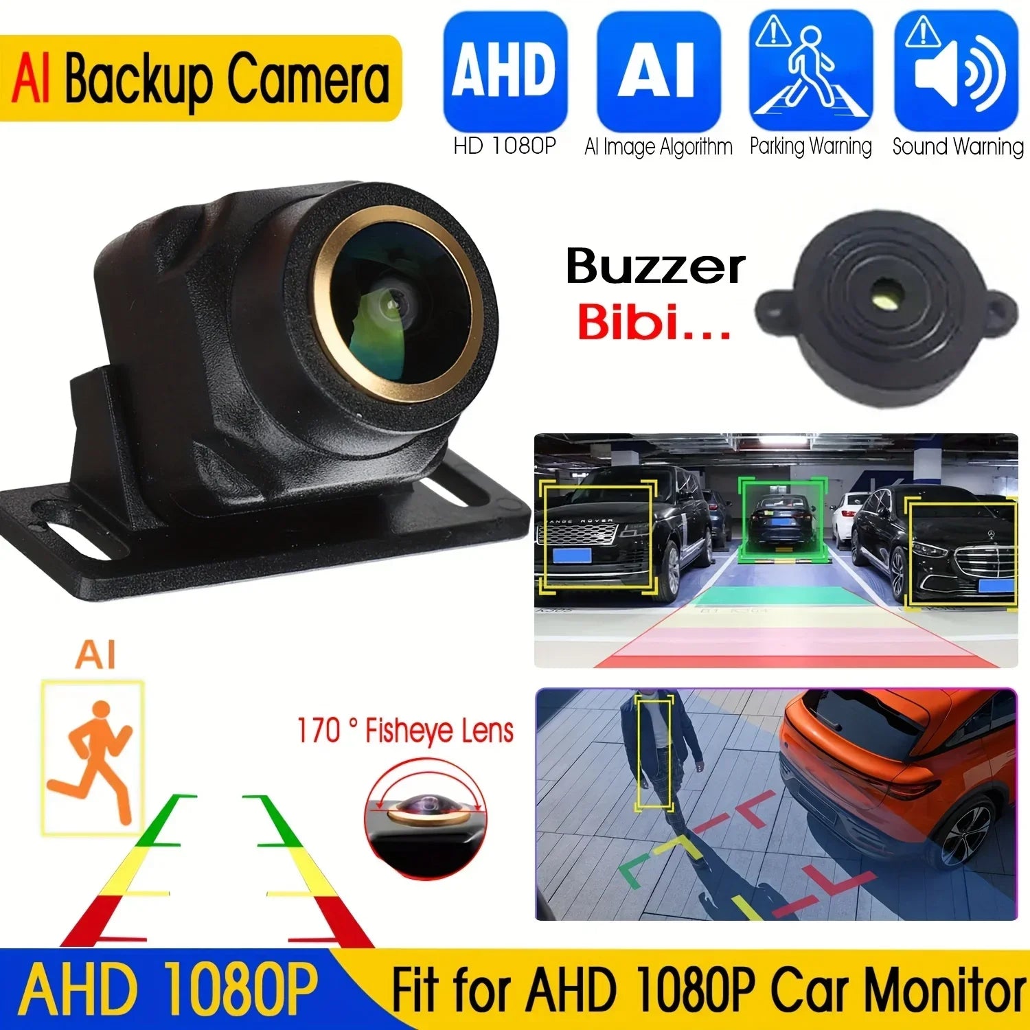 AI Smart Backup Camera - 170° Fisheye Lens, AHD 1080P, ADAS Obstacle Detection for MP5/Android Monitors