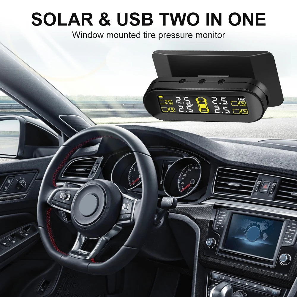 Tyre Pressure Alarm Tire Pressure Monitoring System USB Solar TPMS Rotating Holder Car Tyre Pressure Monitor 4 External Sensors